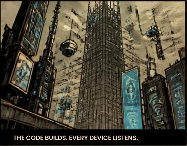 A surveillance tower rises over the city, wrapped in glowing screens. Caption: The Code builds. Every device listens.