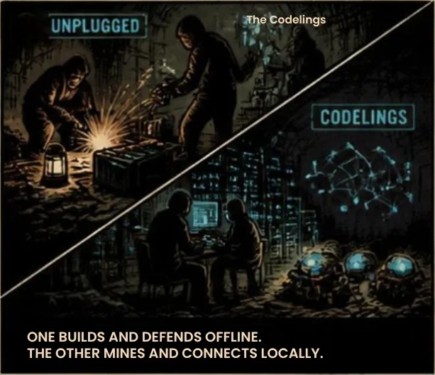 Split panel: the Unplugged weld hardware by lantern light; the Codelings work at glowing terminals. Caption: One builds and defends offline. The other mines and connects locally.