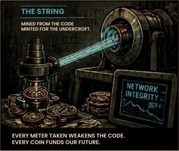 A rig fires a cyan beam of String into stacks of coins beside a Network Integrity monitor. Caption: Every meter taken weakens the Code. Every coin funds our future.